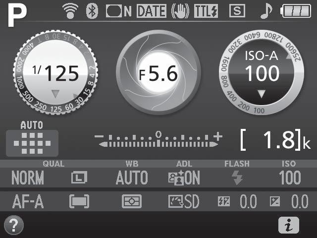 Informationsdisplayen Visa inställningar: Tryck på R-knappen för att visa informationsdisplayen. R-knappen 1 Fotograferingsläge i auto/ j auto (blixt avstängd)... 27 Motivtyper... 51 Specialeffektläge.