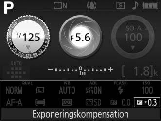 För att välja ett värde för exponeringskompensation, håll E (N)-knappen intryckt och vrid på kommandoratten tills önskat värde väljs i sökaren eller på