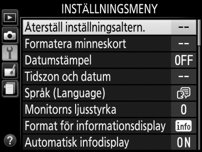 Kameramenyer Du kan nå de flesta fotograferings-, visnings- och inställningsalternativen via kamerans menyer. Tryck på G-knappen för att visa menyerna.