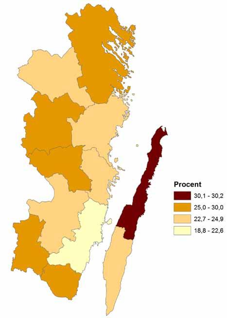 REGIONAL BOSTADSMARKNADSANALYS KALMAR LÄN 2012 13 Hur utvecklas befolkningen och hushållen? Andel 65 år och äldre av befolkningen 2011. Kalmar län.