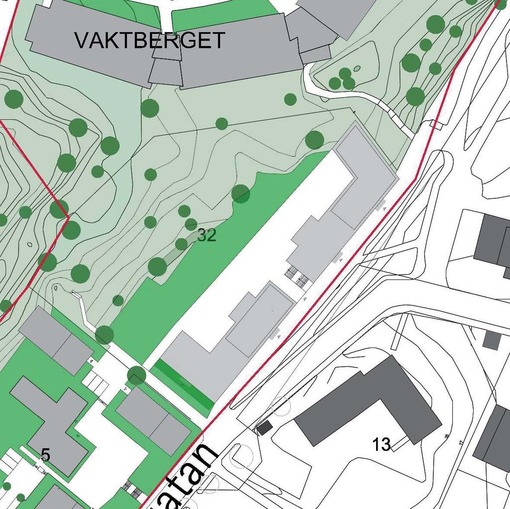 På fastigheten Vaktberget 32 föreslås bostäder i två byggnader som placeras så att de med långsidan följer Bryggargatan och ligger i linje med byggnaderna på fastigheten Vaktberget 5.