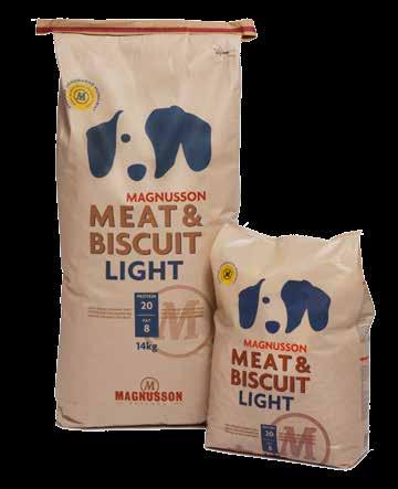 Magnusson Meat & Biscuit LIGHT Magnusson Meat & Biscuit Light är ett helfoder för vuxna hundar med låg energiförbrukning och hundar med tendens till övervikt.