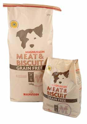 Magnusson Meat & Biscuit GRAIN FREE Magnusson Meat & Biscuit Grain Free är ett spannmålsfritt helfoder för vuxna hundar med normal till hög aktivitet samt för växande hundar av storvuxna raser.