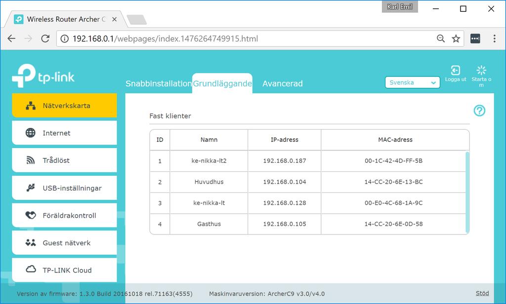 I routerns webbgränssnitt visas accesspunktens och bryggans nya IP-adresser. 192.168.0.128 192.168.0.104 192.168.0.105 192.168.0.187 Accesspunkt Brygga Router 192.