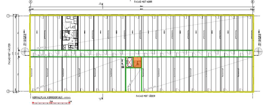 Normalplan korridorhus med plattriktning och