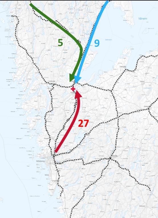 9 4. Möjligt trafikupplägg 2035 4.1 Tågtrafiken fördubblas i framtiden Idag passerar 41 tåg i vardera riktningen i tunneln under NÄL.