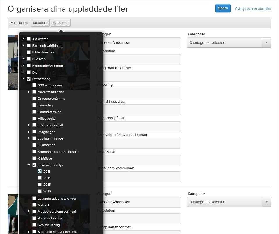 Det är likadant gällande knappen Kategorier intill. Om man har någon eller några kategorier som gäller för alla foton kan man markera dom som är gemensamma. När man är nöjd klickar man på spara.