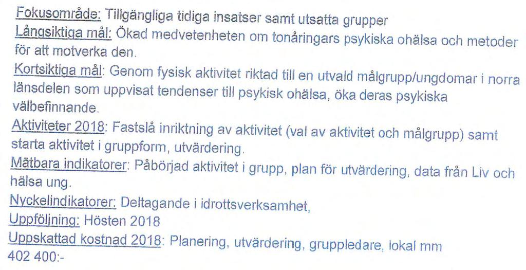 den. Kortsiktiga mål: Genom fysisk aktivitet riktad till en utvald målgrupp/ungdomar i norra länsdelen som uppvisat tendenser till psykisk ohälsa, öka deras psykiska välbefinnande.