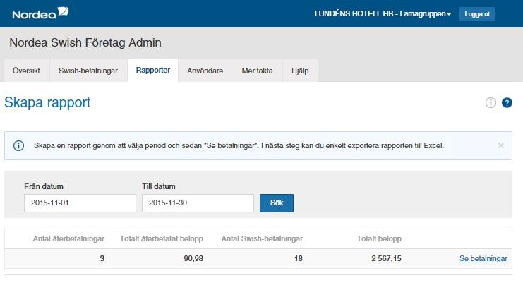 6 Rapporter Här skapar du enkelt en rapport över betalningshändelser för det valda Swish- nummer.