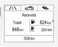 118 Instrument och reglage Trippmätaren räknar upp till en sträcka på 9 999 km och börjar sedan om från 0. Återställning av mellannivådisplayen görs genom att trycka på SET/CLR några sekunder.