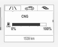 Bränslenivå, bi-fuel-motor Om bilen har hybridmotor visar förarinformationscentralen bränslenivån för den bränsletyp som för närvarande inte används.