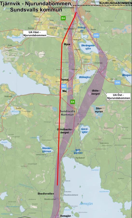 o Östliga korridoralternativet förbi Gryttjestjärnen och Västliga korridoralternativet förbi Skrängstasjön 3,4 miljarder kronor.