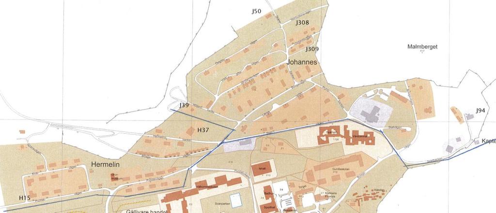 Utsnitt ur Gällivare kommuns adresskarta 2011. Hermelin- och Johannesområdenas utbredning då var lite större än i dag. Blå streck är områdenas gränser mot varandra och mot övriga områden.