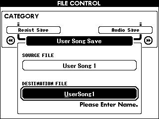 USB-minnesoperationer Spara en User Song till USB-minne Den här operationen sparar User Song (Song-nummer 0 05) till USB-minne. Tryck på [FILE CONTROL]-knappen för att ta fram FILE CONTROL-displayen.