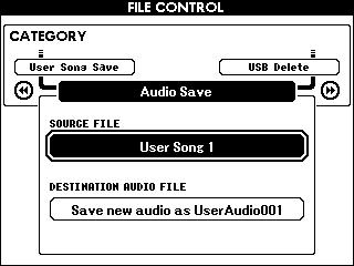 USB-minnesoperationer Att konvertera en User Song till en Audio-fil 5 Den här operationen omvandlar en User Song (Song-nummer 0 05) till en Audio-fil och sparar filen till USB-minnet.