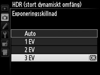 3 Välj exponeringsskillnaden. För att välja skillnad i exponering mellan de två bilderna markerar du Exponeringsskillnad och trycker på 2. Alternativen som visas till höger visas.