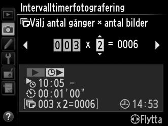 3 Välj ett intervall. Tryck på 4 eller 2 för att markera timmar, minuter eller sekunder; tryck på 1 eller 3 för att ändra. Välj ett intervall längre än den längsta förväntade slutartiden.