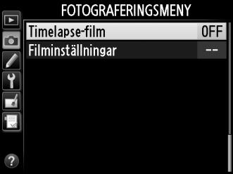 Timelapse-film Kameran tar bilder automatiskt vid valda intervaller för att skapa en tyst timelapse-film med hjälp av de alternativ som har valts för Filminställningar i fotograferingsmenyn (0 70).