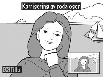 Korrigering av röda ögon G-knappen N retuscheringsmenyn Med det här alternativet korrigerar du den röda ögon-effekt som blixtfotografering kan ge upphov till.