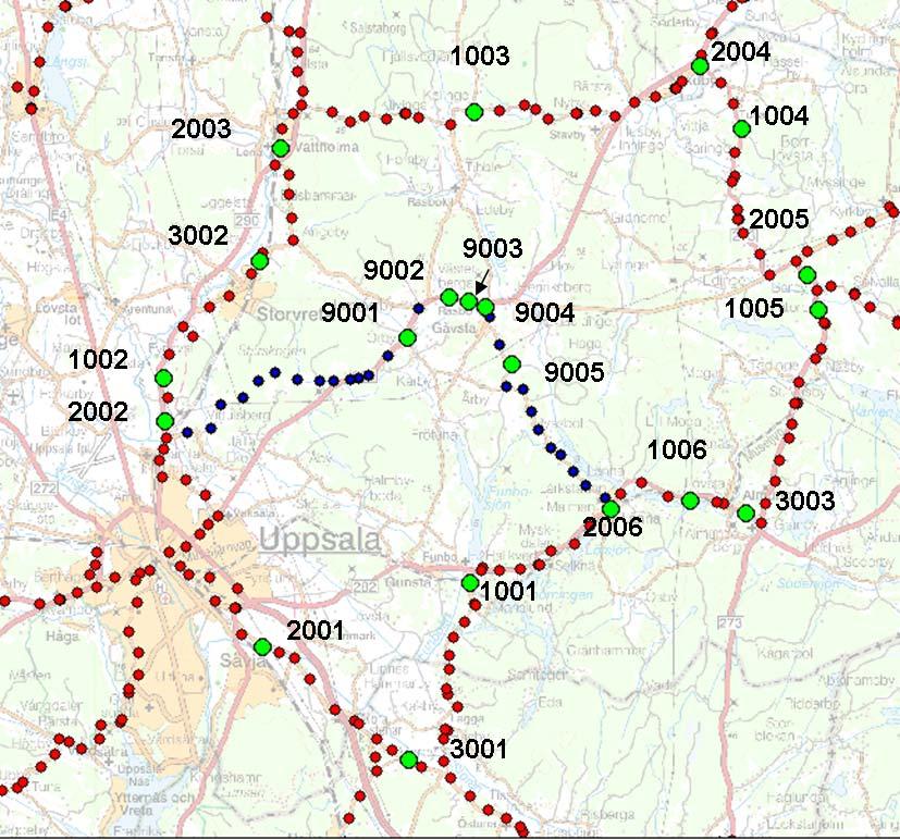 Anslutningstest Uppsalaslingan 2008 Figur 1: Röda punkter visar riksnätet i området, blå punkter visar förtätningståget och numrerade gröna punkter visar de valda mätpunkterna i den första