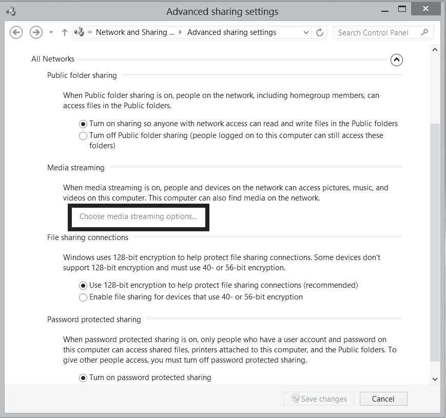 3 Välj [Change advanced sharing settings] (Ändra avancerade delningsinställningar). 6 Välj [Allow all] (Tillåt allt). Fönstret [Allow All Media Devices] (Tillåt alla medieenheter) öppnas.