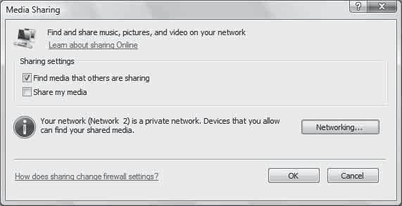 9 Om alternativet [Share my media] (Dela ut mina media) i fönstret [Media Sharing] (Mediedelning) som visas i steg 3 inte är markerat gör du det och väljer [OK].