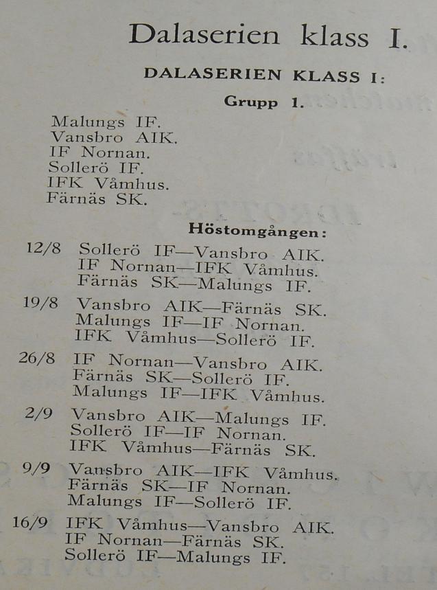 I de övriga grupperna spelade följande lag. Grupp 1. Vansbro AIK, Sollerö IF, Malungs IF, Färnäs SK, IF Nornan och IFK Våmhus. Grupp 2.