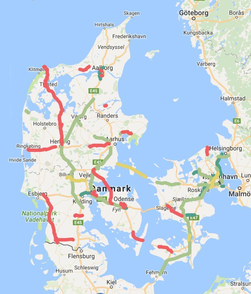 Analys av projektlönsamhet Danmark Mørkegrøn = Intern rente > 8% Lysegrøn = Intern rente 4 8% Rød = Intern rente < 4% Gul = Intern rente ikke beregnet Eksempler på konkrete projekter E45/E20