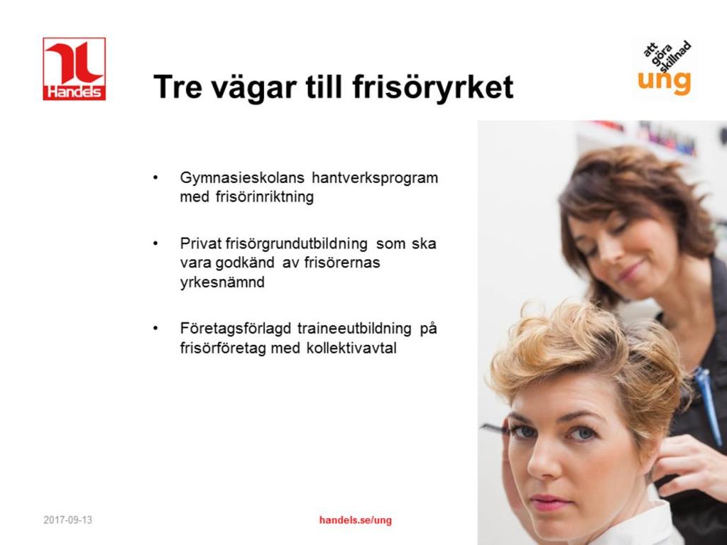 Det finns tre utbildningsvägar för att bli behörig frisör, som parterna i frisörbranschen kommit överens om: - Gymnasieskolans hantverksprogram med