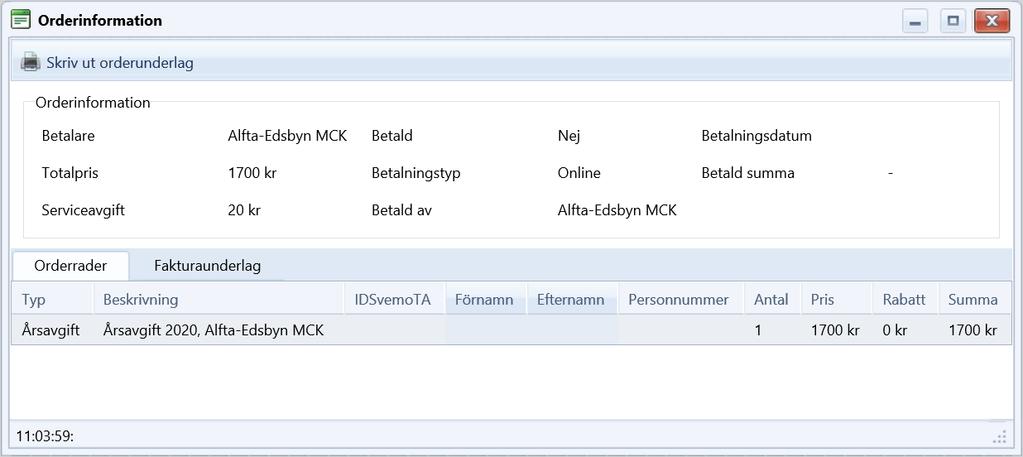 Om ni klickar på länken med ordernummer öppnas ett fönster med information om ordern. Betala via PayEx (kort eller bank) Betalningarna i Svemo sker via betalningsväxeln PayEx.