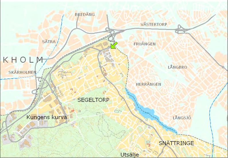 Planområdet precis väster om kommungränsen mot Stockholm, markerat med grön pil Tidigare ställningstaganden Översiktsplan I kommunens översiktsplan betecknas planområdet primärt förtätnings- och