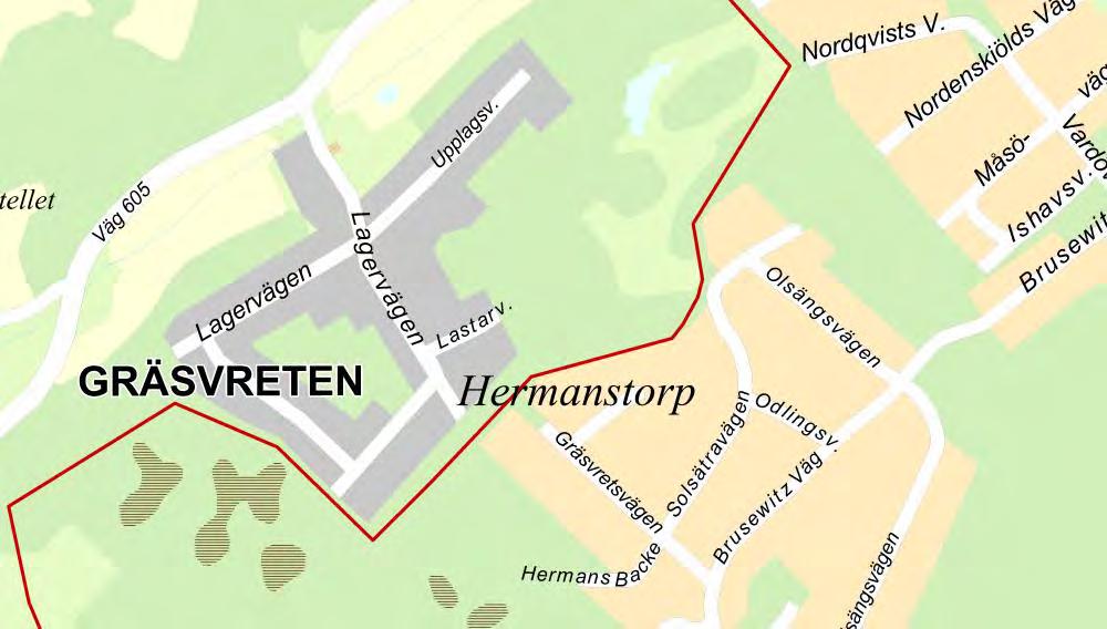 Bebyggelse Bebyggelseområden Bostäder Avståndet från befintligt upplagsområde till kommungränsen mot Haninge är ca 30-40 meter och till närmaste bostadsbebyggelsen i Hermanstorp ca 100-110 meter.