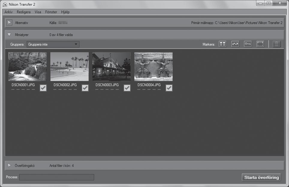 2 När Nikon Transfer 2 startats klickar du på Starta överföring. Starta överföring Bildöverföring startar. När bildöverföringen är klar startar ViewNX-i och de överförda bilderna visas.