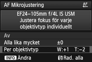 Vrid på ratten <5> och ställ in efter behov, tryck sedan på <0>. Justeringsintervallet är ±20 steg. Om du ställer in mot : förskjuts fokuseringspunkten framför standardfokuseringspunkten.