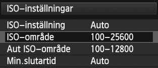 i: Ställa in ISO-taletN 3 Ställa in ISO-området Du kan ställa in det manuellt inställbara ISO-området (minimum- och maximumgränser).