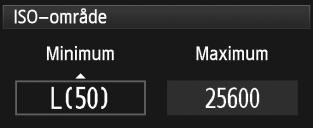 1 På fliken [z2] väljer du [ISOinställningar] och trycker sedan på <0>. 2 3 4 5 Välj [ISO-område]. Välj [ISO-område] och tryck sedan på <0>. Ställ in minimumgränsen.