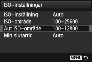 i: Ställa in ISO-taletN 3 Ställa in ISO-området för Auto ISO Du kan ställa in det automatiska ISO-området för Auto ISO mellan ISO 100 och 25600.