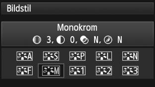 A Välja en bildstiln V Monokrom Ger svartvita bilder. Svartvita bilder som fotograferats i JPEG kan inte återställas till färg.