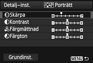 A Anpassa en bildstiln Du kan anpassa en bildstil genom att justera individuella parametrar som [Skärpa] och [Kontrast]. Ta provbilder för att se effekten.