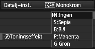 A Anpassa en bildstiln V Monokrom inställning För Monokrom kan du, förutom [Skärpa] och [Kontrast], som förklaras på föregående sida, även ställa in [Filtereffekter] och [Toningseffekt].