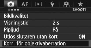 Korrigering av periferibelysning 1 2 3 Välj [Korr. för objektivaberration]. På fliken [z1] väljer du [Korr. för objektivaberration] och trycker sedan på <0>. Välj inställningen.