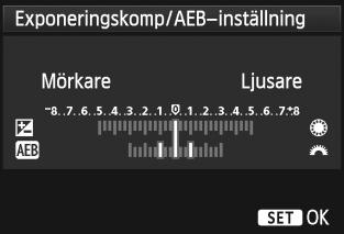 h Automatisk exponeringsvariation (AEB)N Genom att ändra slutartiden eller bländarvärdet automatiskt kan du variera exponeringen upp till ±3 steg i 1/3 steg för tre varianter av samma bild.