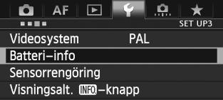 3 Kontrollera batteriinformationen Du kan kontrollera batterinivån på LCD-monitorn. Batteri LP-E6 har ett unikt serienummer och du kan registrera flera batterier för kameran.