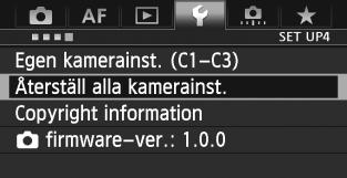 Innan du börjar 3 Återställa kameran till grundinställningarnan Kamerans fotograferings- och menyinställningar kan återställas till grundinställningarna. Välj [Återställ alla kamerainst.].