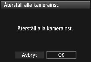 ] återställs kameran till följande grundinställningar: Fotograferingsinställningar Autofokusmetod One-Shot AF Matningsmetod u (enbild) Väljarläge för AF-område Val av fokuseringspunkt Registrerad