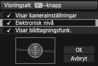 Visa rutnät och elektronisk nivå Visa elektroniskt vattenpass på LCD-monitorn 1 Tryck på knappen <B>. Varje gång du trycker på knappen <B> ändras visningen. Visa den elektroniska nivån.