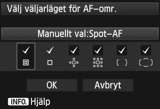 3 Anpassa AF-funktionerN : 15 punkter Femton viktiga AF-punkter är manuellt valbara. : 9 punkter Nio viktiga AF-punkter är manuellt valbara. Med ett objektiv från grupp F till H (s.