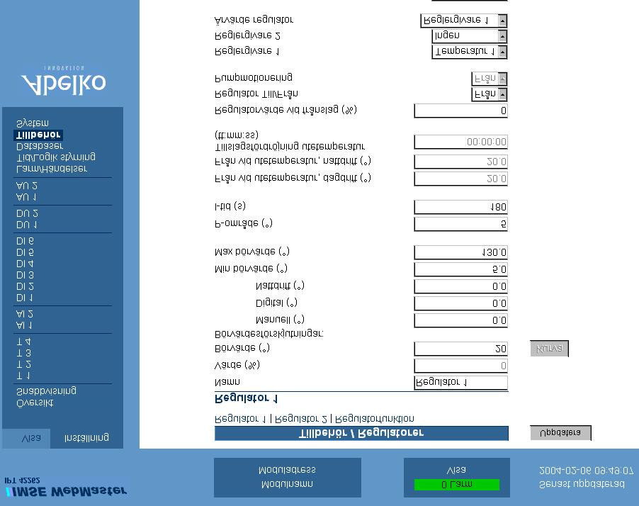 OBS! Du måste först välja önskad regulatorfunktion och trycka på knappen Uppdatera innan du kan välja Omvänd styrsignal, Dödområden eller Uppdateringsintervall.