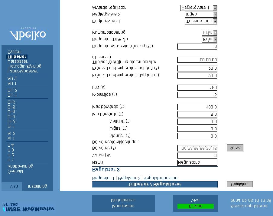 Regulator 2 Regulator 2 ställs in på samma sätt som Regulator 1. Sidan visar en regulator med utetemperaturkompensering av börvärdet.