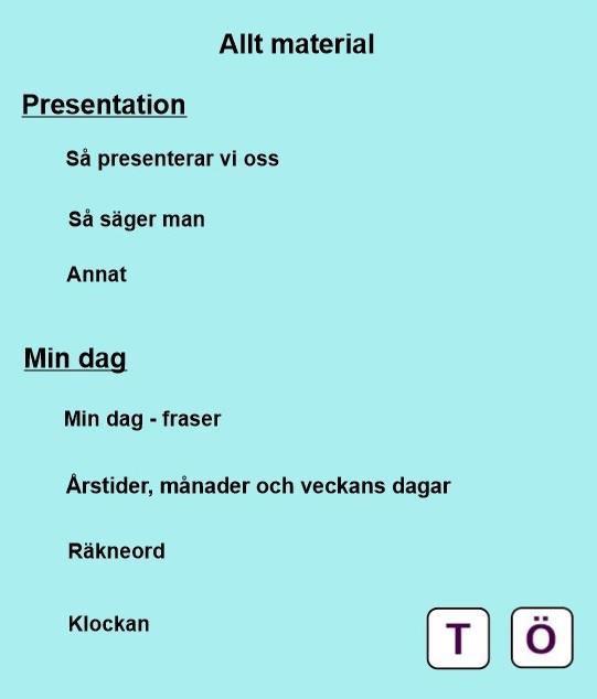 All text på sidan är klickbar och länkar läraren eller studenten direkt till temanas första sidor eller till de olika sidorna med undervisningsmaterial.